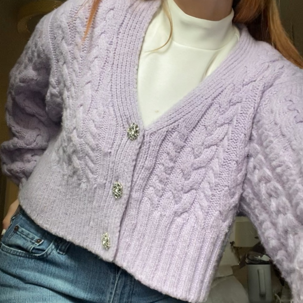 Zara Cropped Purple Knit Sweater with Jeweled Buttons, Bishop Sleeves, Medium